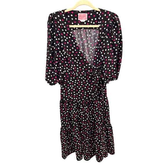 Kate Spade Glimmer Dot Wrap Dress Black Multi Size Medium FLAWED Designer S0767 - Picture 2 of 13